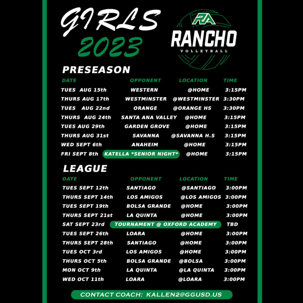 2023 Rancho Alamitos Volleyball Schedule